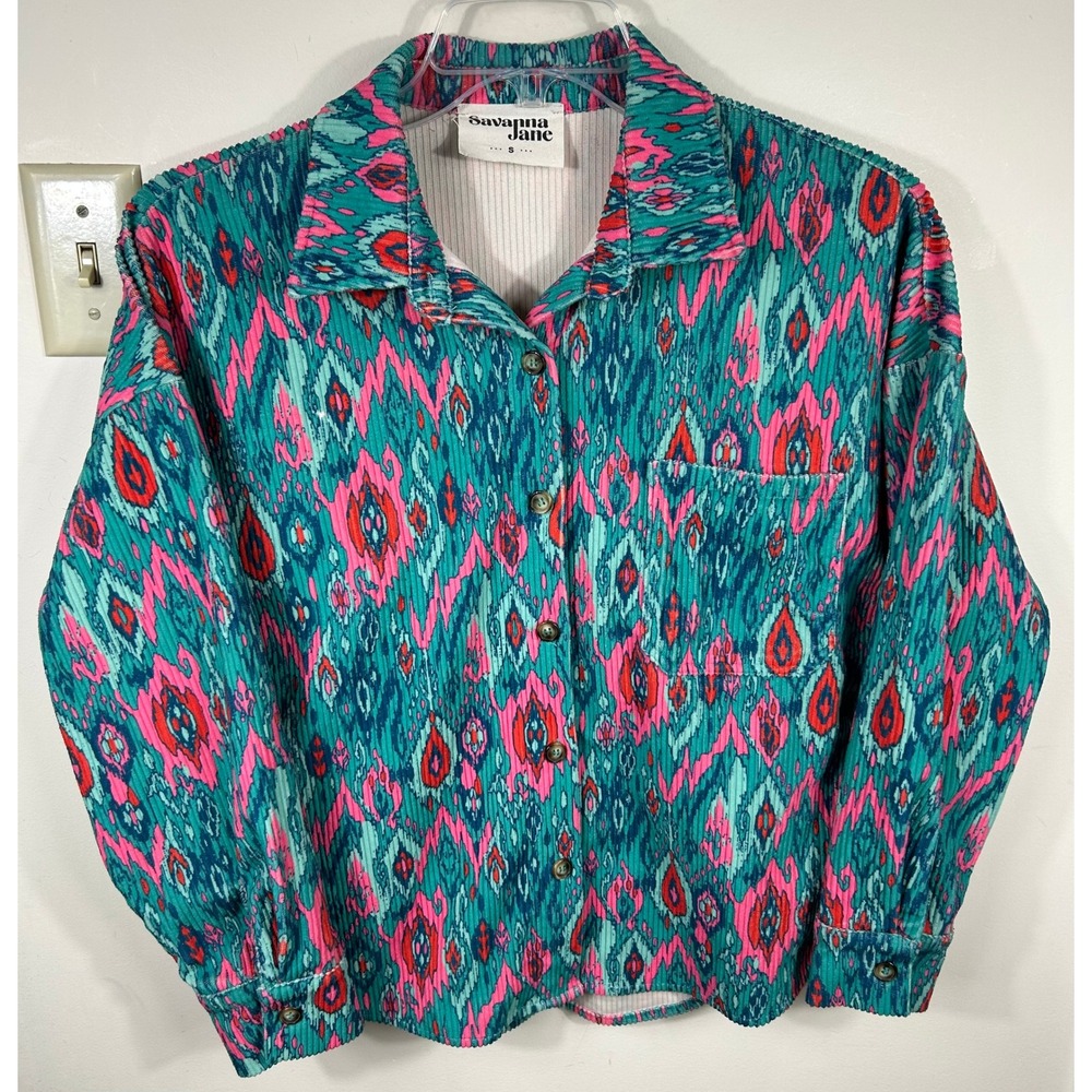 Savanna Jane Corduroy Shacket Women S Green Pink Ikat Geometric Boho Shirt Indie